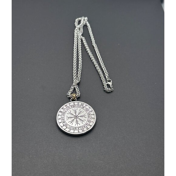 Viking Pendant Necklace Tree Of Life & Norse Runes On Dual-Tone Metal Chain - Picture 2 of 5